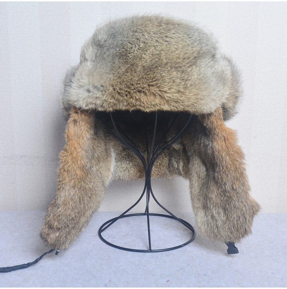 New Russia Winter Real fur Hat Men Outdoor Windproof Super Warm Real Rabbit Fur Bomber Hats Natural Soft Natural Rabbit Fur Caps