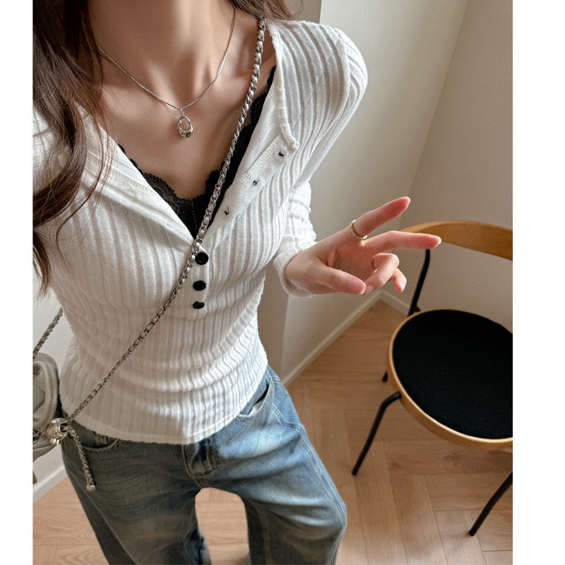 Lace Slim-fitting Bottoming Shirt Fake Two Piece Long Sleeve T-Shirt Women Chic Button Pit Striped Tops Autumn Winter Base Tees