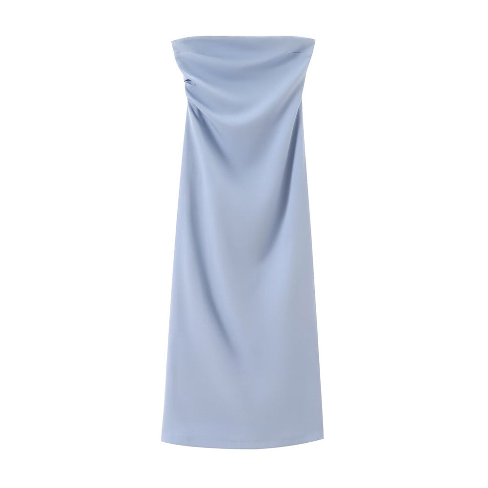 TRZA Women Fashion Strapless Gathered Midi Dress Sexy Straight Neck Back Slit Fe