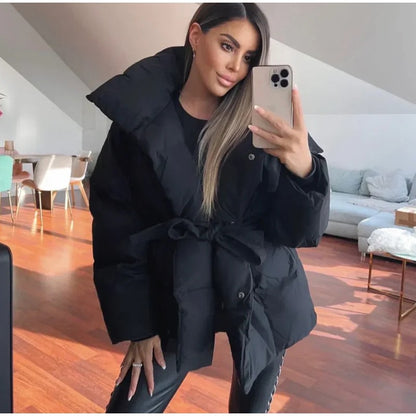 Solid Lapel Lace Up Cotton Coat Women Fashion Long Sleeve Warm Loose Pocket Short Coats Lady New Winter Commute Street Outwears