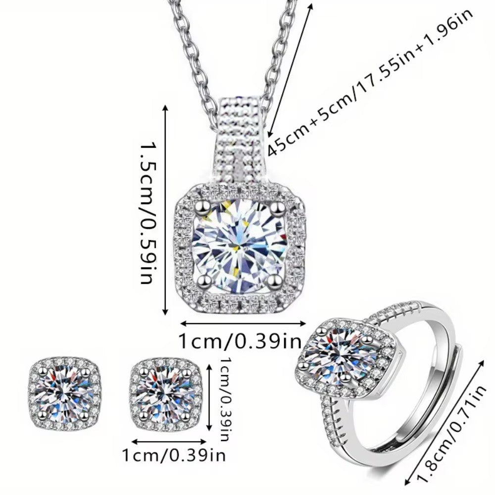 Conjunto 3 Peças Marca Luxo Brilhante Geométrico Quadrado Zircão Colar Brincos Anéis para Mulheres Conjunto Joias de Moda Charmoso Presente de Aniversário