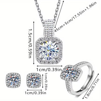 Conjunto 3 Peças Marca Luxo Brilhante Geométrico Quadrado Zircão Colar Brincos Anéis para Mulheres Conjunto Joias de Moda Charmoso Presente de Aniversário