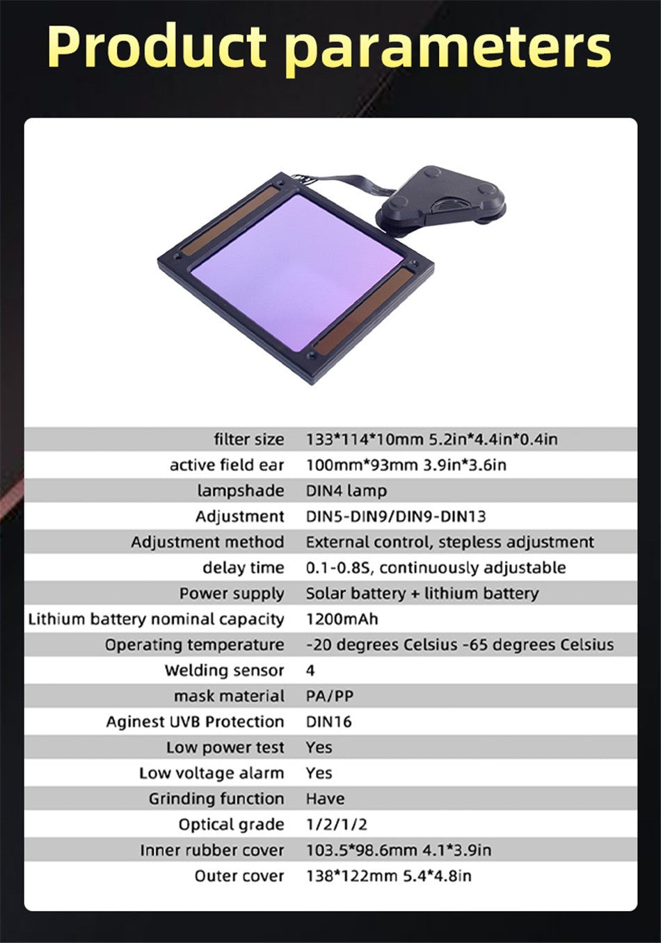 Capacete de solda automático de visão ampla com escurecimento automático, tonalidade 4-9/9-13 para corte e desbaste TIG MIG ARC