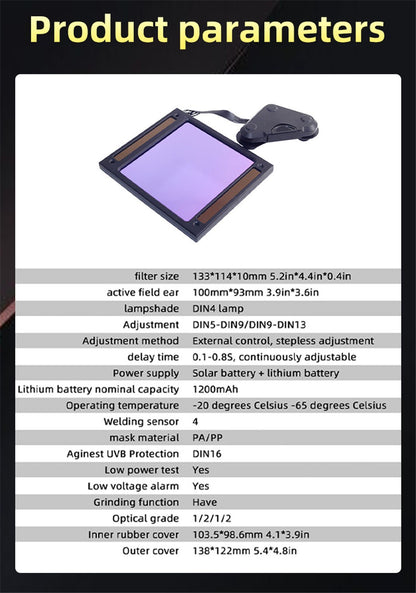 Capacete de solda automático de visão ampla com escurecimento automático, tonalidade 4-9/9-13 para corte e desbaste TIG MIG ARC