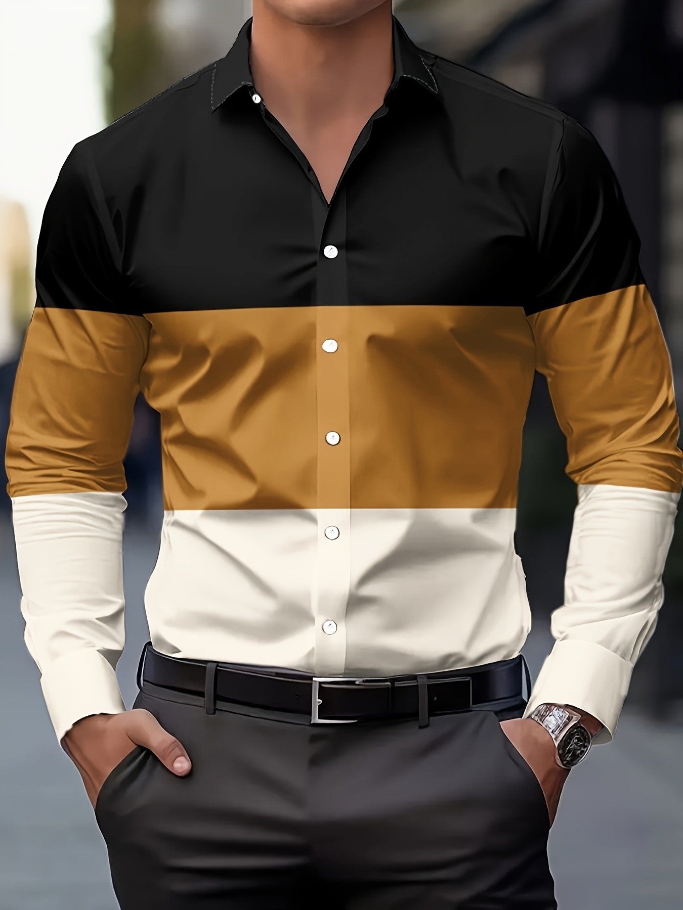 Men's Business Casual Shirt-Button-Up Long Sleeve Formal & Everyday Office Shirt Horizontal Stripes -Seasonal Fashion