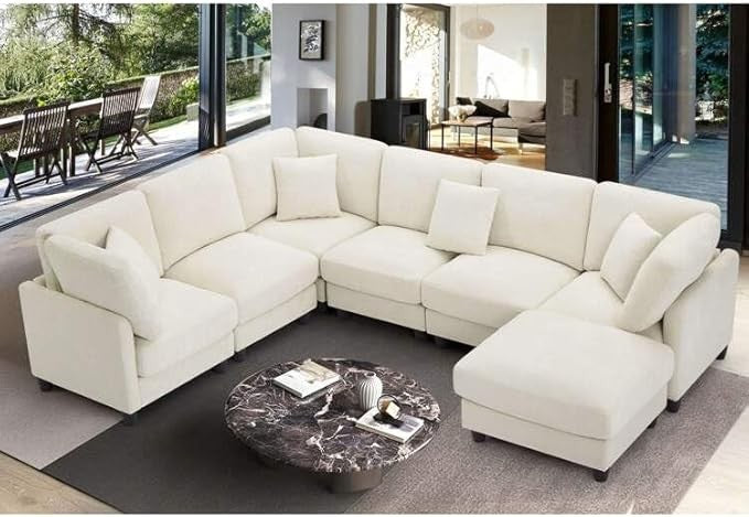 Luxury Oversized Chenille Sofa – 7-Seat Modular Sectional Cloud Couch with Movable Ottoman, Convertible for Living Room