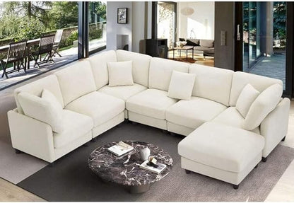 Luxury Oversized Chenille Sofa – 7-Seat Modular Sectional Cloud Couch with Movable Ottoman, Convertible for Living Room