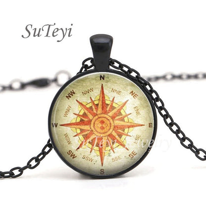 Colar de Pingente de Bússola Steampunk com Cabochão de Vidro Redondo Vintage para Homens e Mulheres