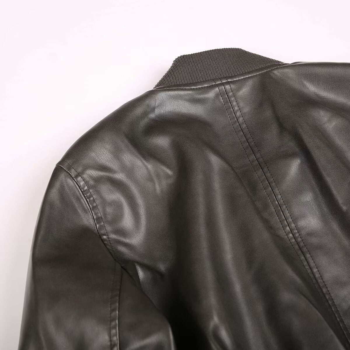 BSK&TRAF Hot Girl Stand Collar Distressed Faux Leather Bomber Jacket 2025 Women's Fashion Commuter Leather Jacket