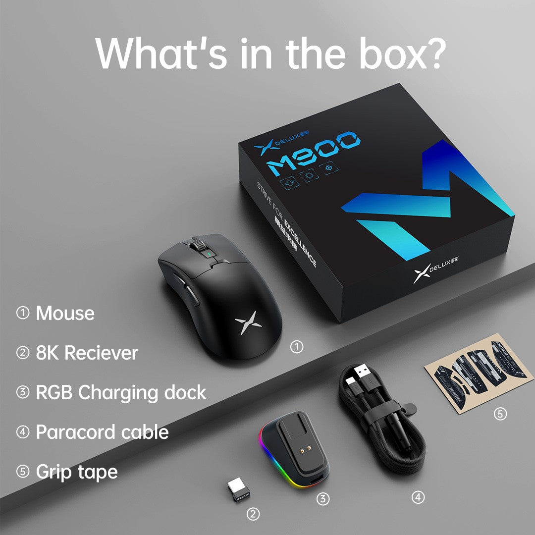 Mouse Gamer Sem Fio Delux M900PRO Ergonômico Taxa de Polling 8K PAW3395 63g Dock de Carregamento Magnético RGB para PC Gamer com Mão Grande Direita