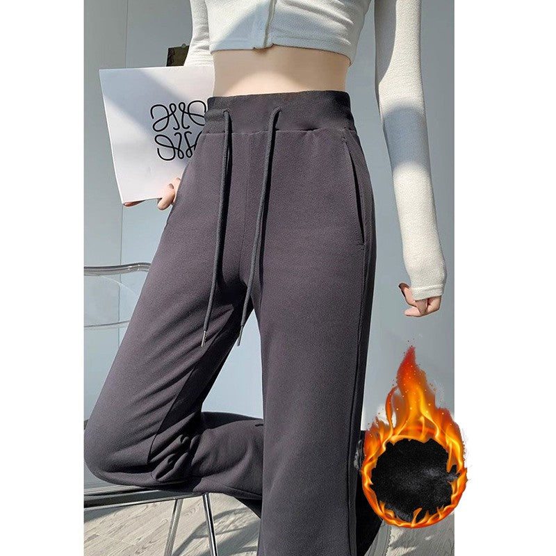 Winter Girls Fashion High Waist Thermal Fleece Pants Lady Snow Warm Straight Leg Plush Trousers Female Hot Sale Thin Pants