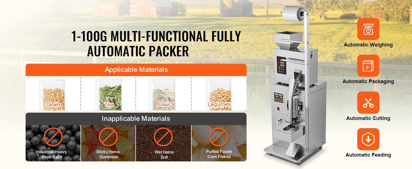 SucceBuy 1-100g Automatic Particle Packaging Machine Pouch Powder Sachet Weighting Filling Packing Machine Tea Seeds Beans Rice