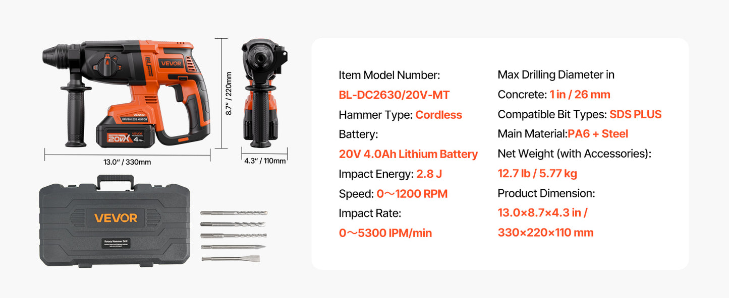 Furadeira de Impacto sem Fio Brushless 20V 26/28mm 1 polegada SDS-Plus Furadeira Rotativa Elétrica Leve Kit de Ferramentas Elétricas SucceBuy