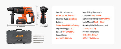 Furadeira de Impacto sem Fio Brushless 20V 26/28mm 1 polegada SDS-Plus Furadeira Rotativa Elétrica Leve Kit de Ferramentas Elétricas SucceBuy