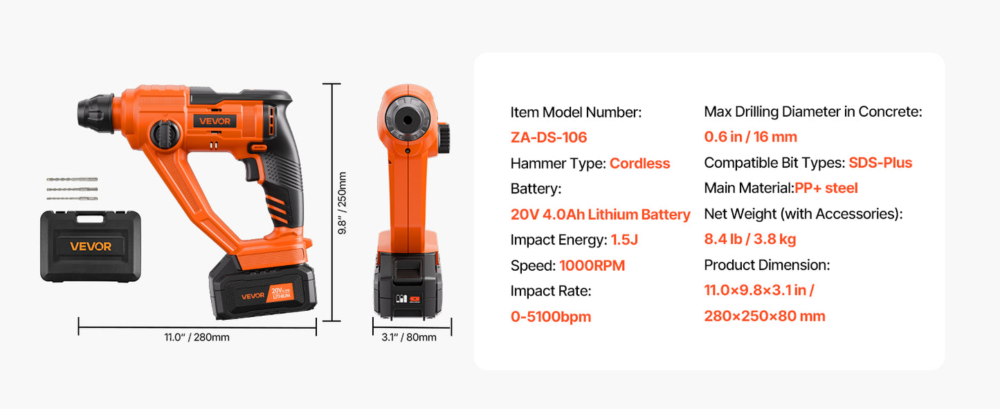 Furadeira de Impacto sem Fio Brushless 20V 26/28mm 1 polegada SDS-Plus Furadeira Rotativa Elétrica Leve Kit de Ferramentas Elétricas SucceBuy