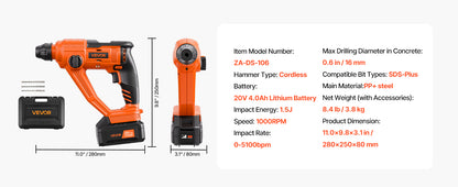 Furadeira de Impacto sem Fio Brushless 20V 26/28mm 1 polegada SDS-Plus Furadeira Rotativa Elétrica Leve Kit de Ferramentas Elétricas SucceBuy