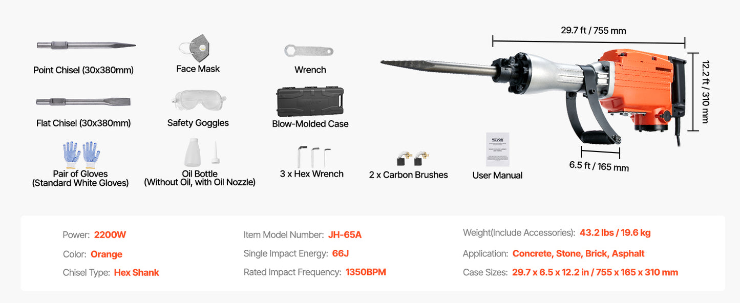Martelo Demolidor Elétrico Jack Hammer de Demolição SucceBuy 1500W/2200W/3500W, Quebrador de Concreto Pesado, com Cinzel de 2/4 peças