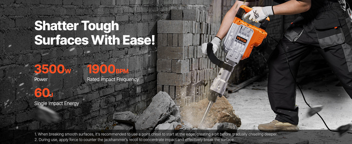 Martelo Demolidor Elétrico Jack Hammer de Demolição SucceBuy 1500W/2200W/3500W, Quebrador de Concreto Pesado, com Cinzel de 2/4 peças