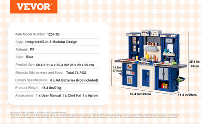 Brinquedos de Cozinha VEVOR para Crianças 74 Peças Conjunto de Chef com Sons e Luzes Idade 3+ Casa de Brincar Infantil Utensílios de Cozinha para Crianças Pequenas