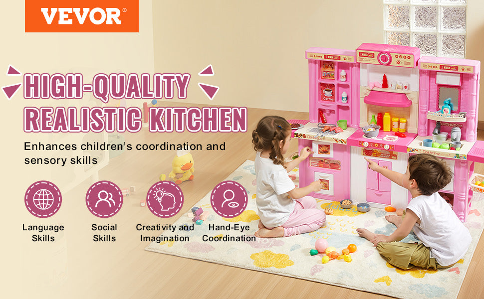 Brinquedos de Cozinha VEVOR para Crianças 74 Peças Conjunto de Chef com Sons e Luzes Idade 3+ Casa de Brincar Infantil Utensílios de Cozinha para Crianças Pequenas