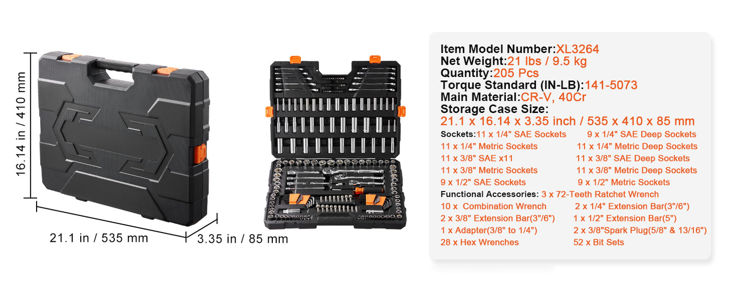 Conjunto de Ferramentas e Soquetes SucceBuy para Mecânica Soquetes Profundos e Padrão 145/205 Peças Conjunto de Ferramentas para Mecânica SAE e Métrico com Bits