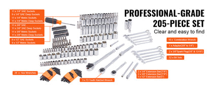 Conjunto de Ferramentas e Soquetes SucceBuy para Mecânica Soquetes Profundos e Padrão 145/205 Peças Conjunto de Ferramentas para Mecânica SAE e Métrico com Bits