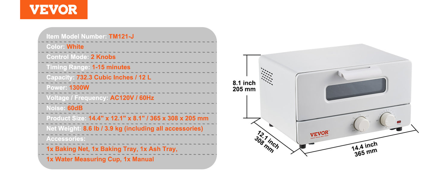 Forno a Vapor Torradeira VEVOR 5 EM 1 12L Forno de Convecção 1300W Forno Torradeira a Vapor de Bancada Combinado com Grelhador Bandeja de Pizza Luvas Branco