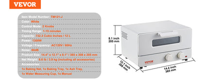 Forno a Vapor Torradeira VEVOR 5 EM 1 12L Forno de Convecção 1300W Forno Torradeira a Vapor de Bancada Combinado com Grelhador Bandeja de Pizza Luvas Branco