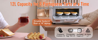 Forno a Vapor Torradeira VEVOR 5 EM 1 12L Forno de Convecção 1300W Forno Torradeira a Vapor de Bancada Combinado com Grelhador Bandeja de Pizza Luvas Branco