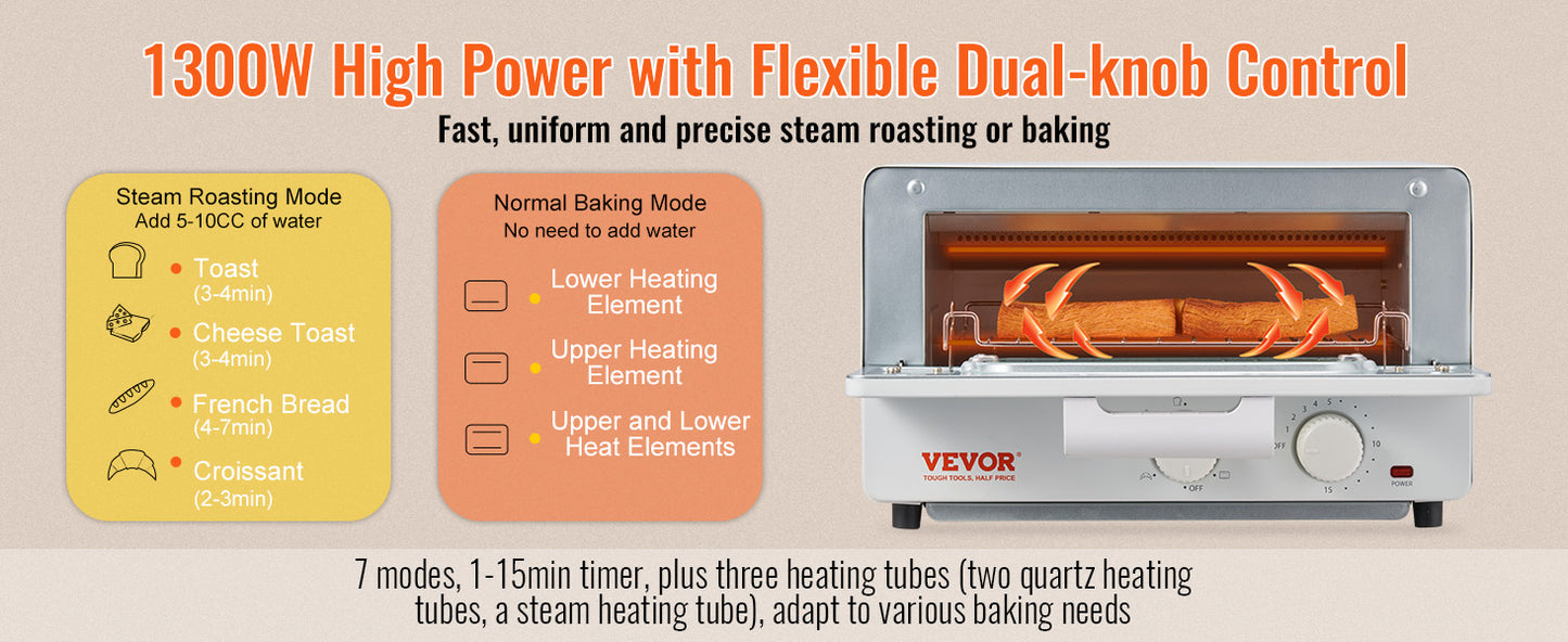 Forno a Vapor Torradeira VEVOR 5 EM 1 12L Forno de Convecção 1300W Forno Torradeira a Vapor de Bancada Combinado com Grelhador Bandeja de Pizza Luvas Branco